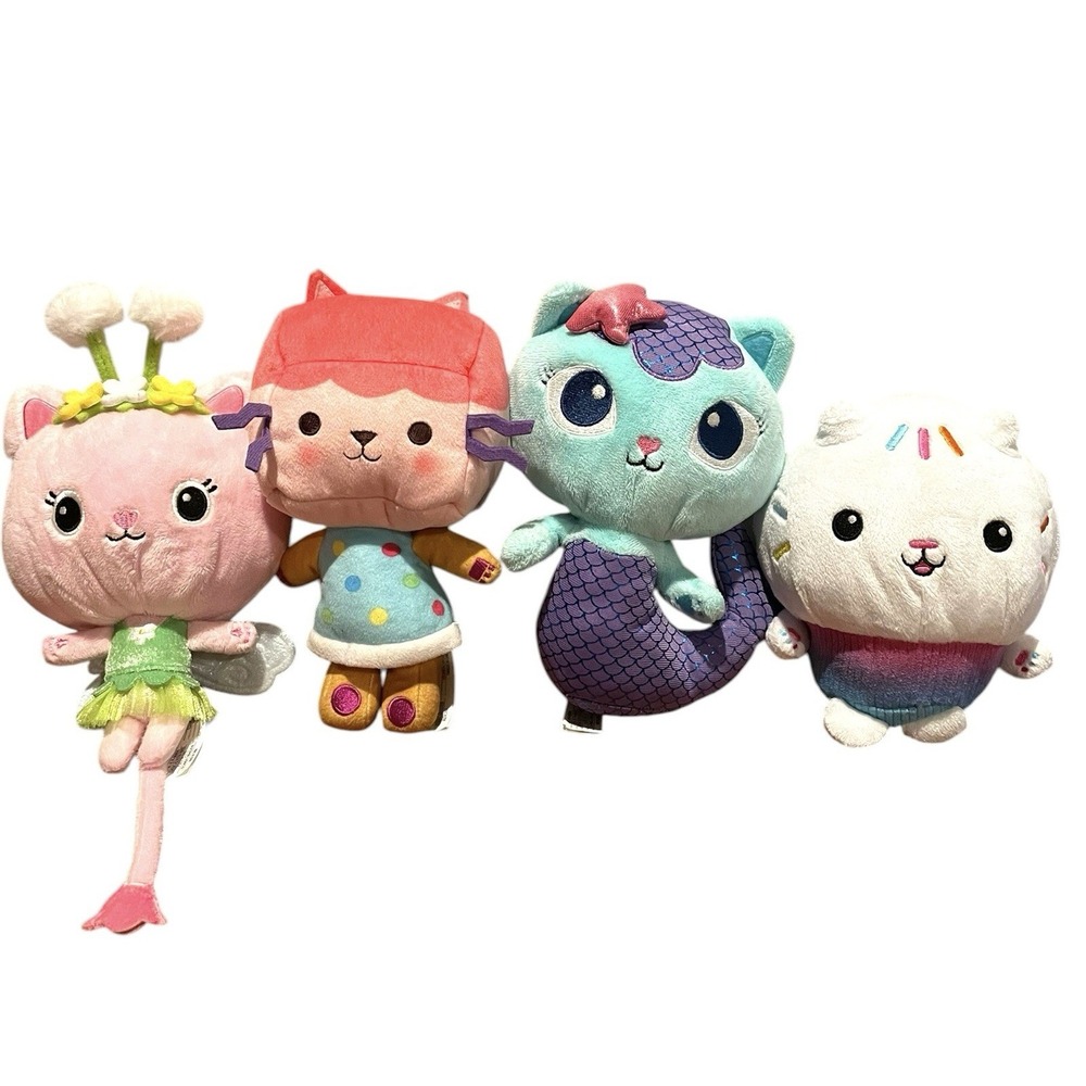 Lot 4 Gabby's Dollhouse Plush Purr-ific Cakey Cat Kitty Fairy Fin Mercat Box Cat